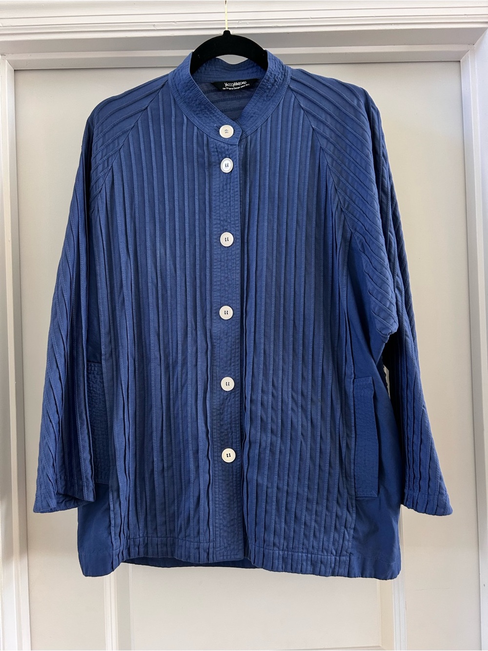 Yacco Maricard Pleated Jacket Blue Cotton Pintuck Lagenlook Button Front